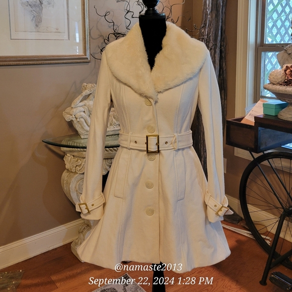 Bebe Wool Blend Asymmetrical Peacoat Faux Fur Removable Collar